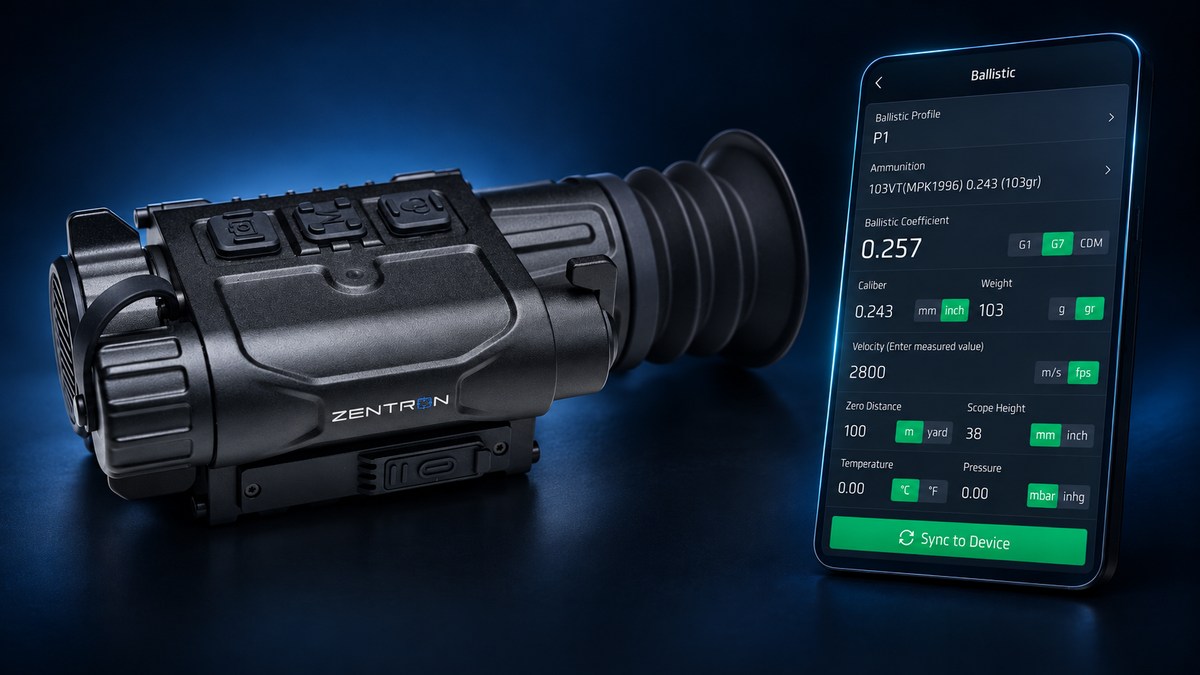 Zentron MEGA thermal monocular alongside the app ballistic profile settings and Sync to Device control
