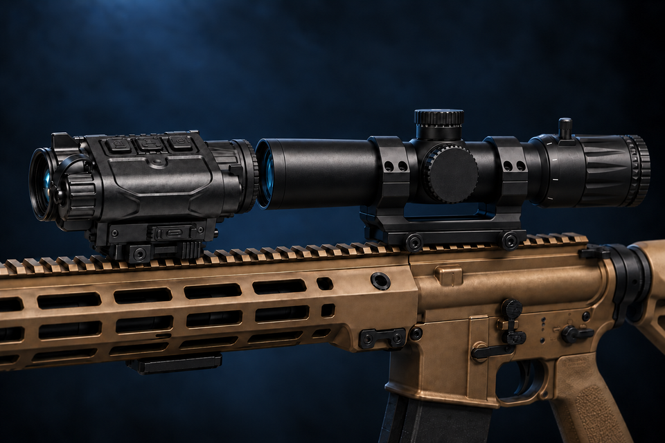 MEGA CQ25R in clip-on configuration with a closely aligned 1-8x LPVO and no eyecup, tactical concept illustration