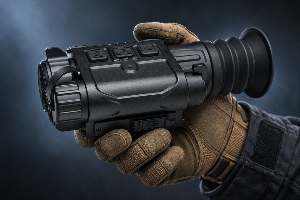 MEGA CQ25R handheld configuration with a tan glove, tactical concept illustration