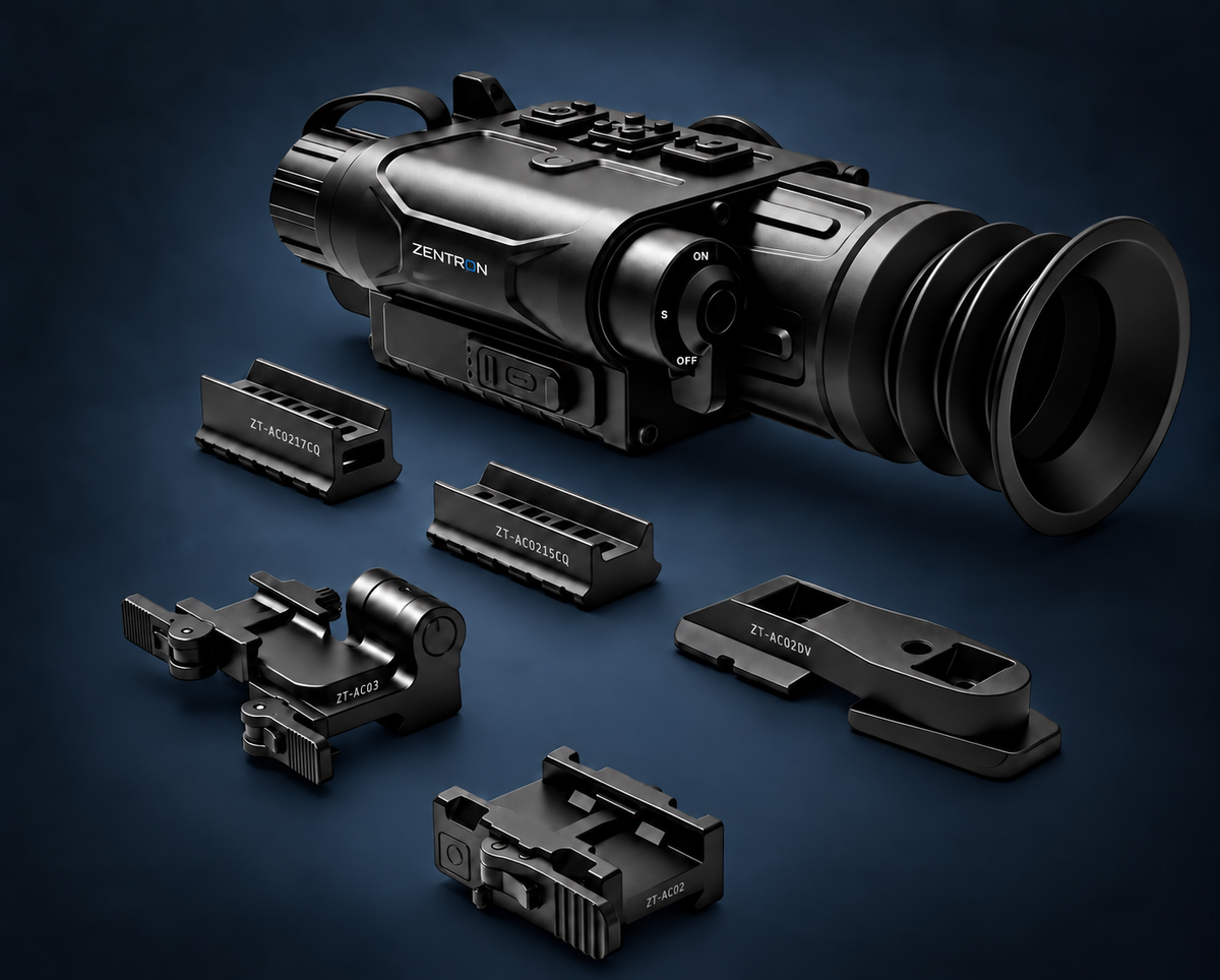 MEGA CQ25R mounting system with engraved accessory codes; QD mount ZT-AC02 with sidewall engraving and unbranded top.