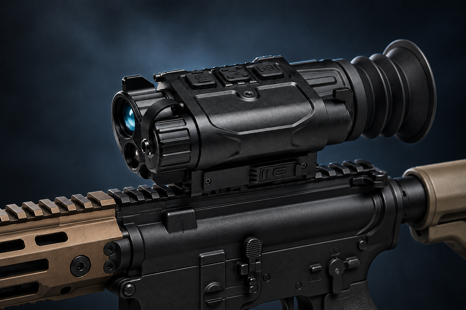 MEGA CQ25R in standalone scope configuration above the receiver, tactical concept illustration