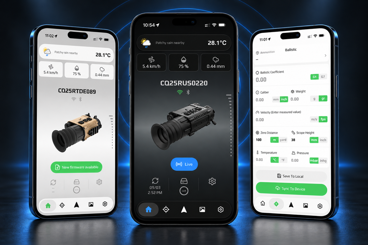 ZSYNC app shown on three phones: light device dashboard, dark device dashboard, and ballistic settings